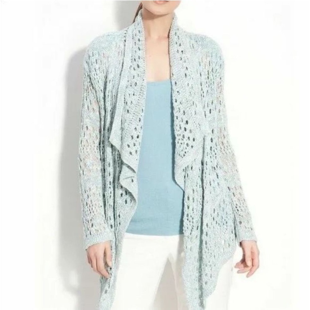 St John Designer Luxury Women’s Pale Blue Open Crochet Knit Waterfall Cardigan M